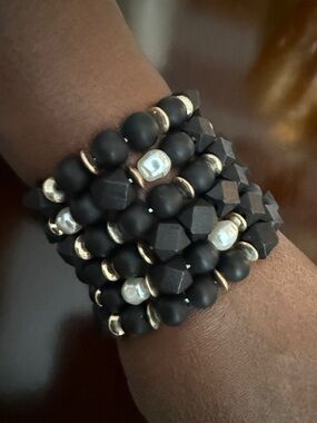 Matte Black Beaded Stretch Bracelet Stack with Gold Accents